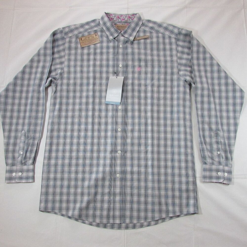 Ariat Men's Long Sleeve Wrinkle Free Otto Plaid Button Shirt Gray